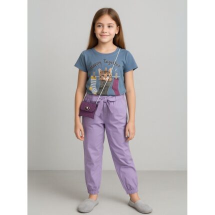 طقم بنطلون وتيشيرت للأطفال لون أزرق و بنفسجي