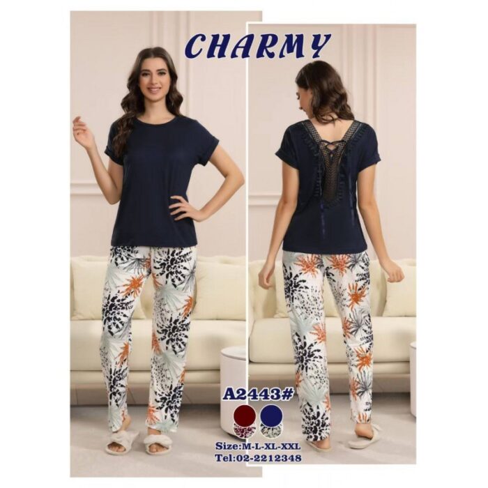 103385454_68635999d7665 بيجامة للنساء قطعتين لون كحلي وأبيض - الصورة 1