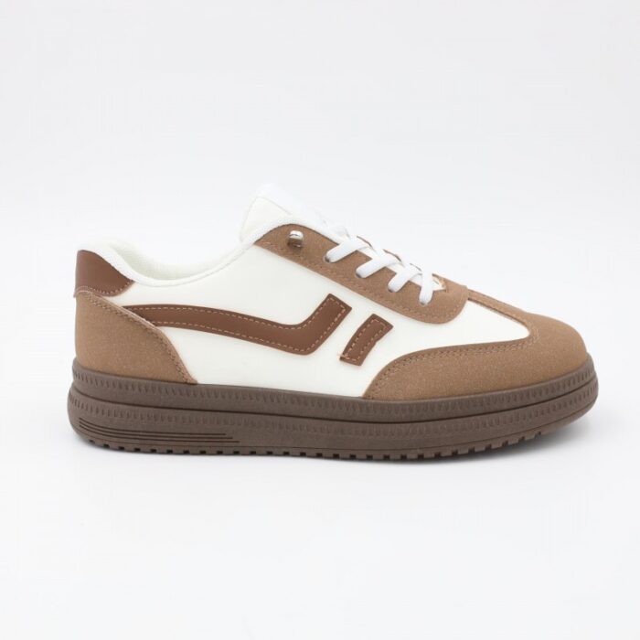 ⁦بوت جلد رياضي للنساء لون أبيض وبني⁩ - الصورة ⁦2⁩