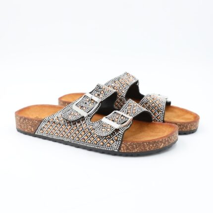 شبشب ستاتي مزخرف للنساء لون فضي وذهبي