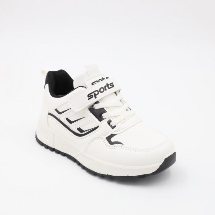 ⁦بوت رياضي جلد للأطفال لون أبيض⁩ - الصورة ⁦2⁩