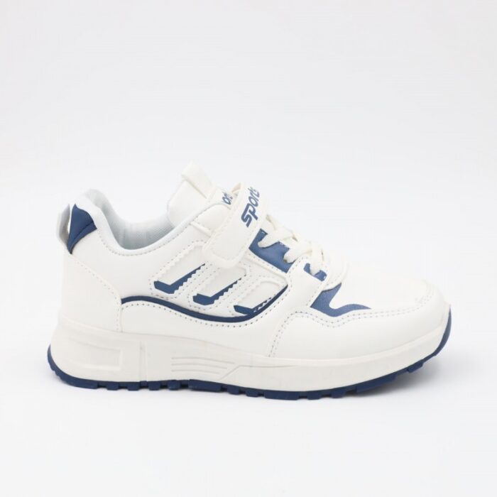 ⁦بوت رياضي جلد للأطفال لون أبيض وكحلي⁩ - الصورة ⁦3⁩