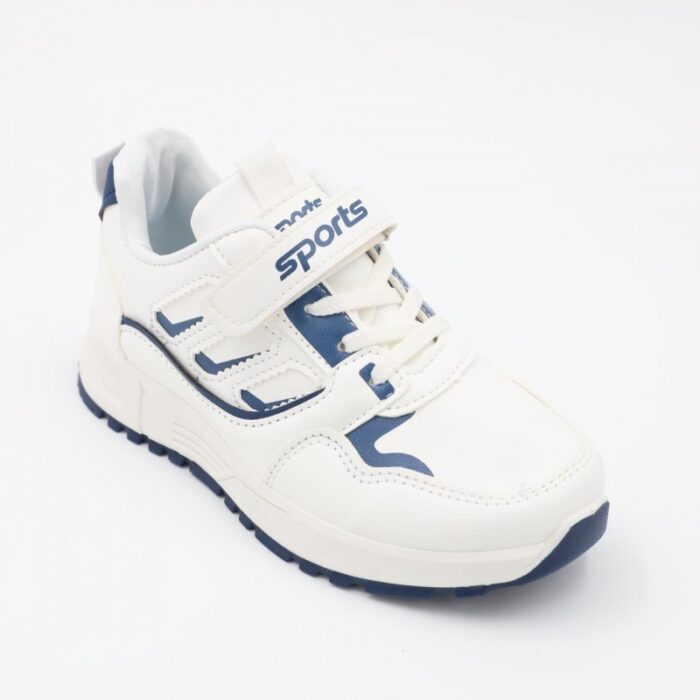 ⁦بوت رياضي جلد للأطفال لون أبيض وكحلي⁩ - الصورة ⁦6⁩