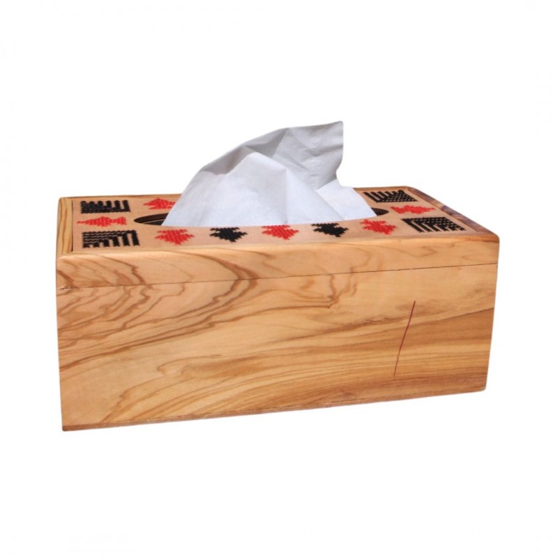 ⁦صندوق مناديل حشب زيتون مستطيل احمر واسود حجم 24*12 سم⁩ - الصورة ⁦1⁩