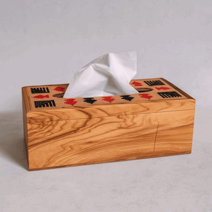 ⁦صندوق مناديل حشب زيتون مستطيل احمر واسود حجم 24*12 سم⁩ - الصورة ⁦2⁩