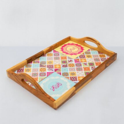 صينية اهلا وسهلا سيراميك وخشب زيتون حجم 32*22 سم