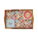 ⁦صينية اهلا وسهلا سيراميك وخشب زيتون حجم 32*22 سم⁩ - الصورة ⁦3⁩