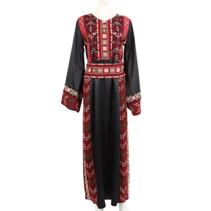 ⁦ثوب فلسطيني تطريز ماكنة لون أسود بتطريز ملون⁩ - الصورة ⁦2⁩