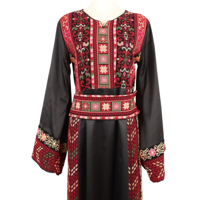 ⁦ثوب فلسطيني تطريز ماكنة لون أسود بتطريز ملون⁩ - الصورة ⁦4⁩