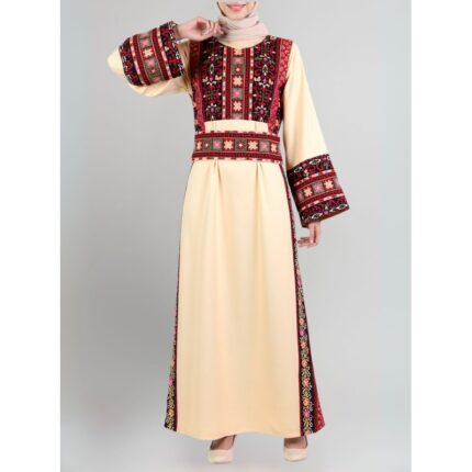 ثوب فلسطيني تطريز ماكنة لون بيج بتطريز ملون