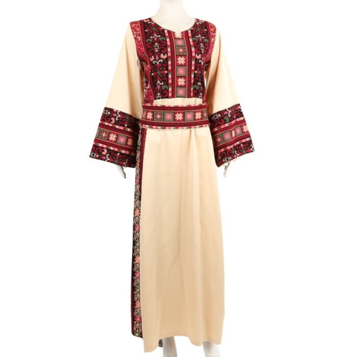 ⁦ثوب فلسطيني تطريز ماكنة لون بيج بتطريز ملون⁩ - الصورة ⁦2⁩