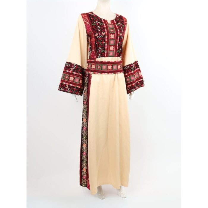 ⁦ثوب فلسطيني تطريز ماكنة لون بيج بتطريز ملون⁩ - الصورة ⁦3⁩