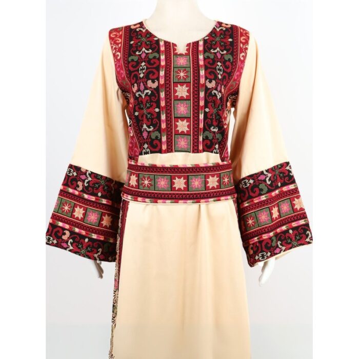 ⁦ثوب فلسطيني تطريز ماكنة لون بيج بتطريز ملون⁩ - الصورة ⁦4⁩