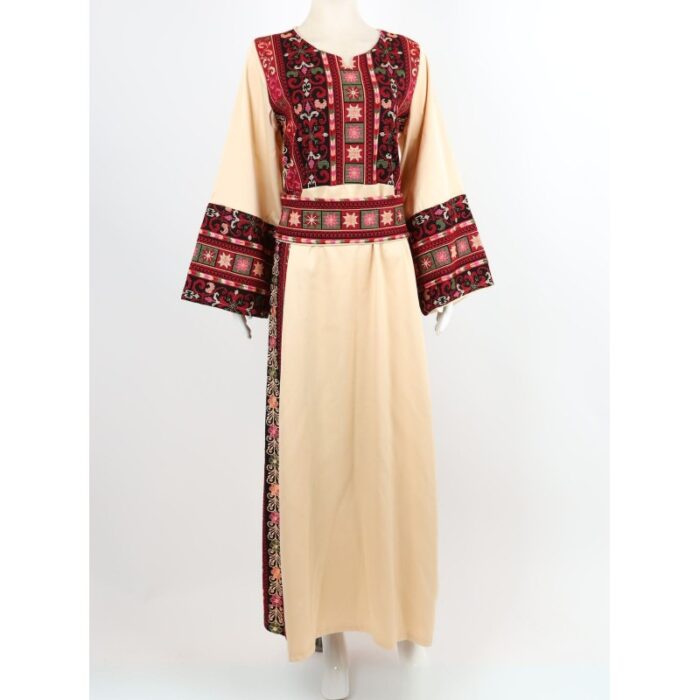 ⁦ثوب فلسطيني تطريز ماكنة لون بيج بتطريز ملون⁩ - الصورة ⁦7⁩