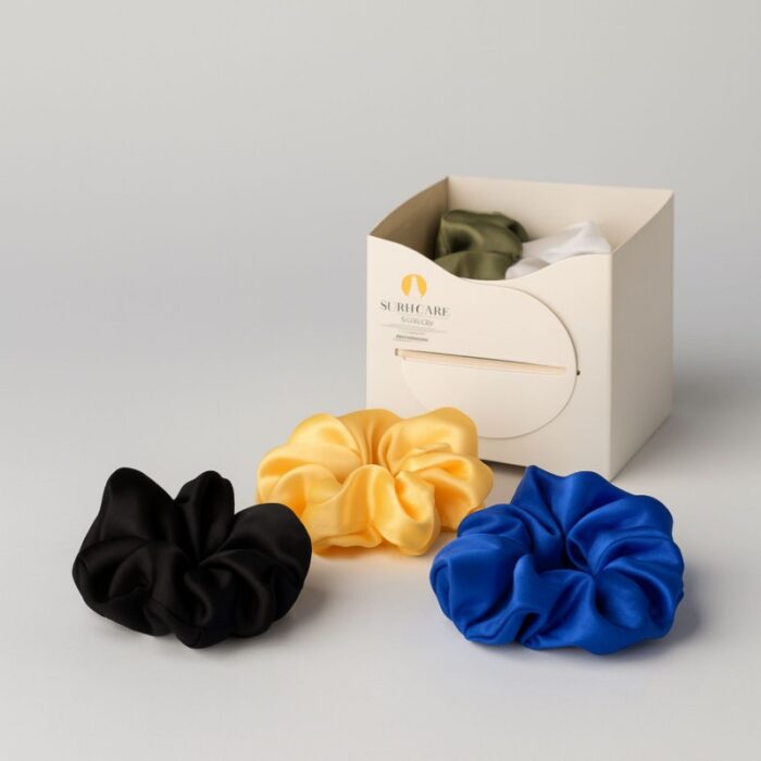 103386054_68704d17bbe1f علبة ربطات شعر ( 3 ربطات ) ستان لون نيلي أسود و أصفر - الصورة 1