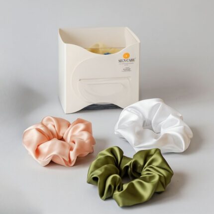 علبة ربطات شعر ( 3 ربطات ) ستان لون زيتي و أبيض و زهري