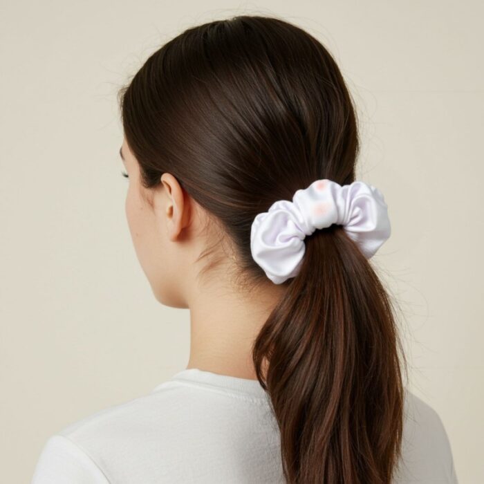 ⁦علبة ربطات شعر ( 3 ربطات ) ستان لون زيتي و أبيض و زهري⁩ - الصورة ⁦2⁩