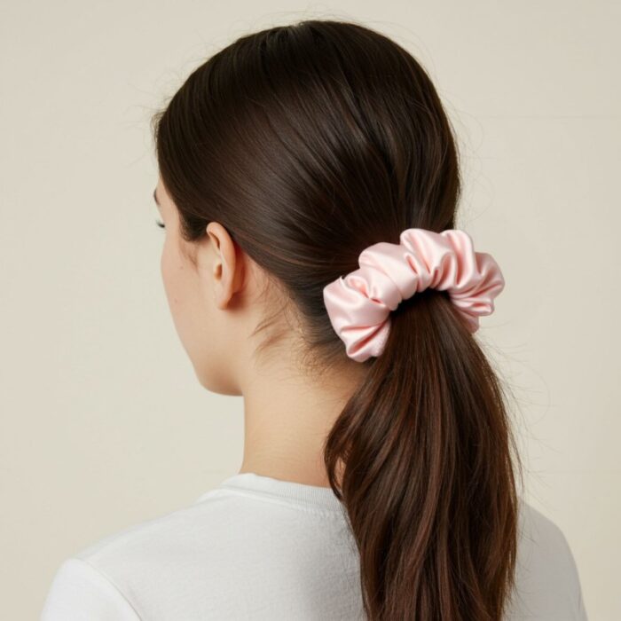 ⁦علبة ربطات شعر ( 3 ربطات ) ستان لون زيتي و أبيض و زهري⁩ - الصورة ⁦3⁩