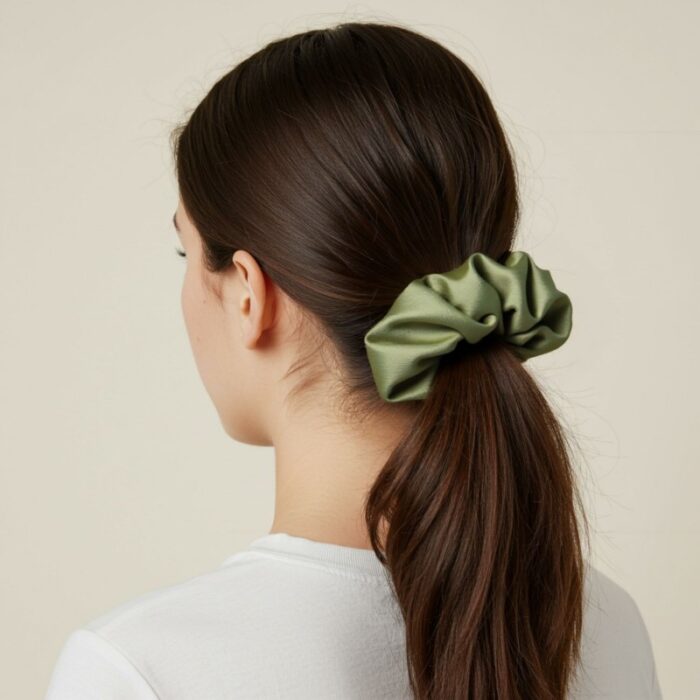 ⁦علبة ربطات شعر ( 3 ربطات ) ستان لون زيتي و أبيض و زهري⁩ - الصورة ⁦4⁩