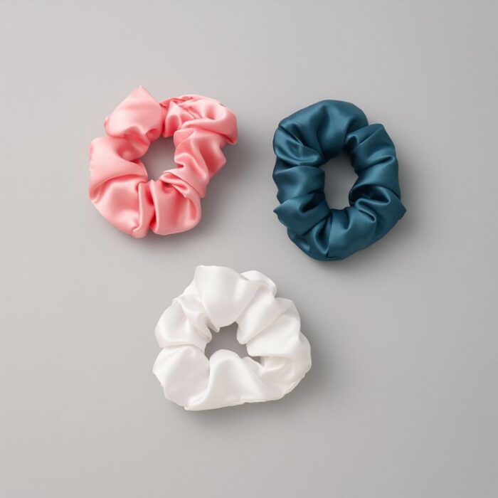 ⁦علبة ربطات شعر ( 3 ربطات ) ستان لون زهري و أبيض وتركواز⁩ - الصورة ⁦2⁩