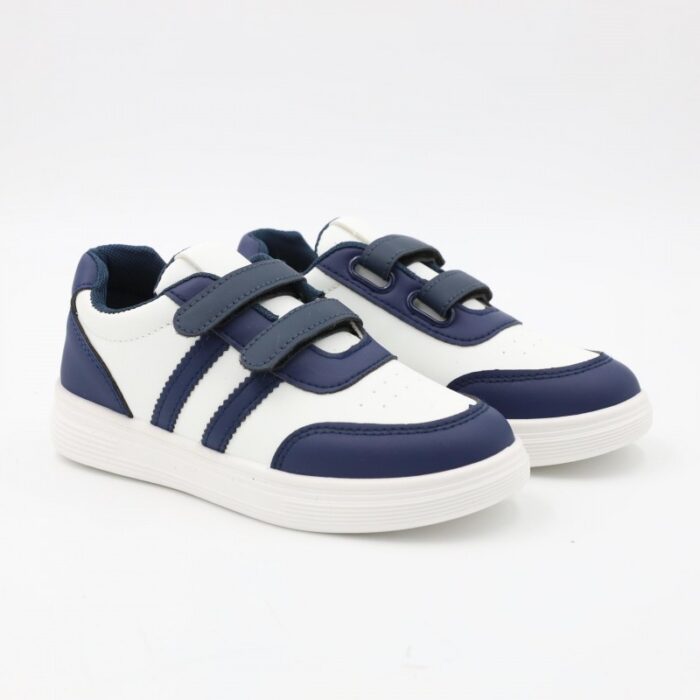 ⁦بوت سبورت جلد بشريطين لاصقين لون ابيض وكحلي⁩ - الصورة ⁦5⁩