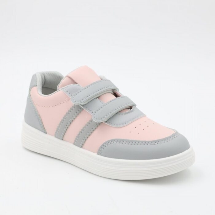 103386074_6872995c60312 بوت سبورت جلد بشريطين لاصقين لون رمادي وزهري وابيض - الصورة 1