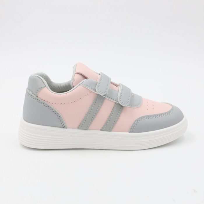 ⁦بوت سبورت جلد بشريطين لاصقين لون رمادي وزهري وابيض⁩ - الصورة ⁦2⁩