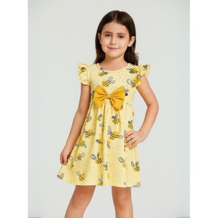 ⁦فستان نص كم بناتي لون أصفر برسومات نحلة⁩ - الصورة ⁦2⁩