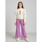 طقم بنطلون مع بلوزة كم بناتي لون بنفسجي فاتح وأبيض