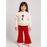 طقم بنطلون مع بلوزة كم بناتي لون أحمر وأبيض
