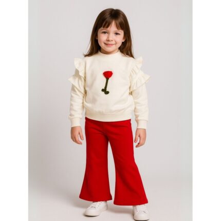 طقم بنطلون مع بلوزة كم بناتي لون أحمر وأبيض