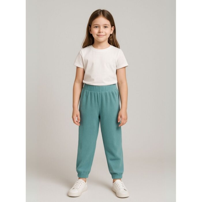 ⁦بنطلون مخمل بناتي خصر مطاطي لون أخضر فيروزي⁩ - الصورة ⁦2⁩