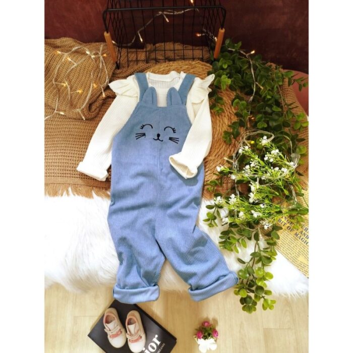 103386204_6883411c6857e طقم افرهول مع بلوزة كم بناتي لون أزرق فاتح وأبيض - الصورة 1