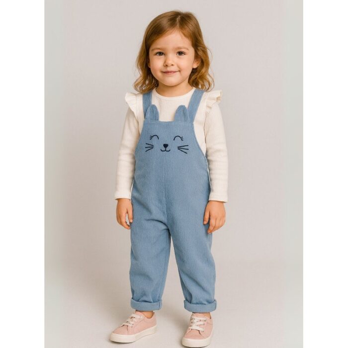 ⁦طقم افرهول مع بلوزة كم بناتي لون أزرق فاتح وأبيض⁩ - الصورة ⁦2⁩