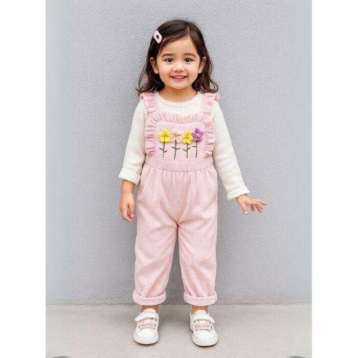 ⁦طقم افرهول مع بلوزة كم بناتي لون زهري وأبيض⁩ - الصورة ⁦4⁩