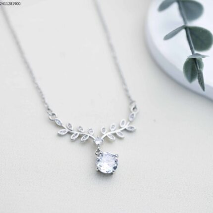 سلسال بتصميم ورق مع زركون لون فضي من FJ مقاوم لتغير اللون كفالة سنتين ضد تغير اللون