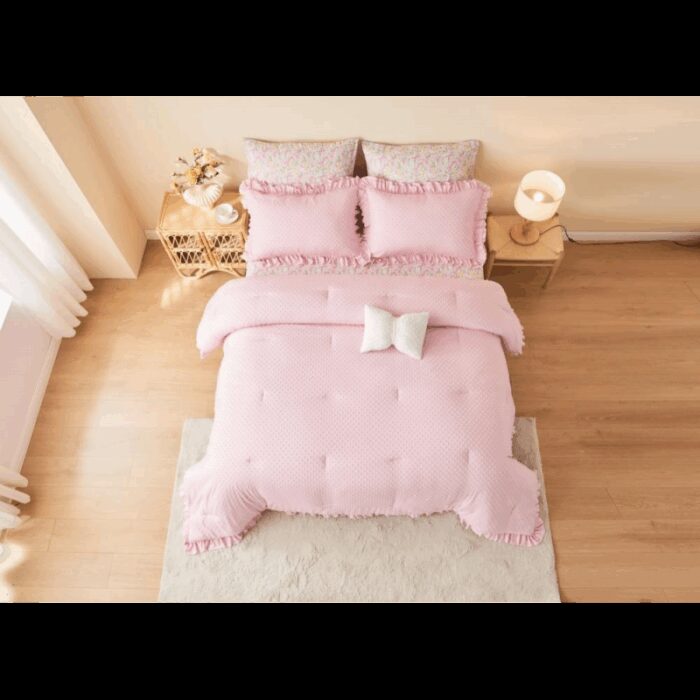 ⁦طقم سرير صيفي ميكروفيبر 5 قطع حجم مفرد ونص لون زهري⁩ - الصورة ⁦3⁩