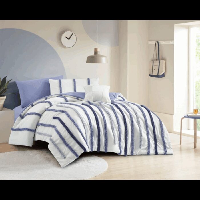 ⁦طقم سرير صيفي ميكروفيبر 5 قطع حجم مفرد ونص لون أبيض وأزرق⁩ - الصورة ⁦2⁩