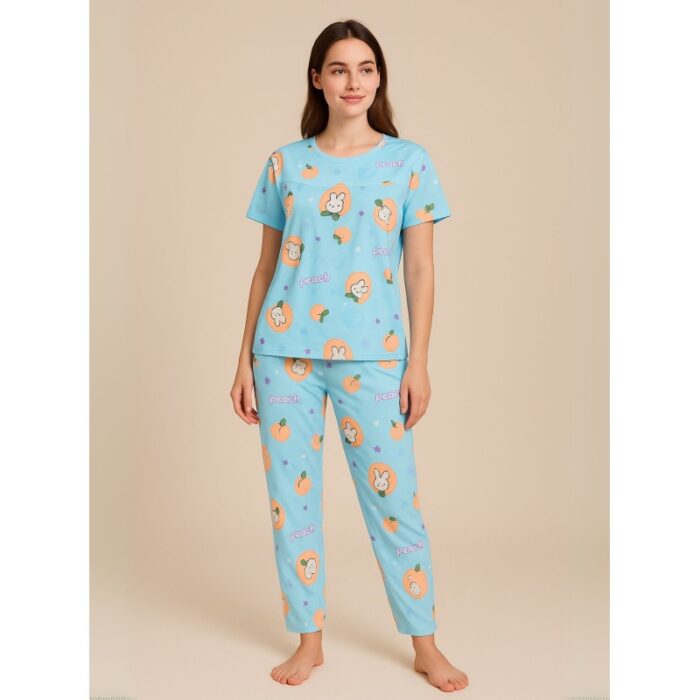 103386509_6878121516442 بيجامة ستاتية لون أزرق اشكال ملون بنطلون وبلوزة نص كم - الصورة 1