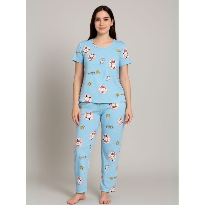 103386512_68781216a7be7 بيجامة ستاتية لون أزرق اشكال ملون بنطلون وبلوزة نص كم - الصورة 1