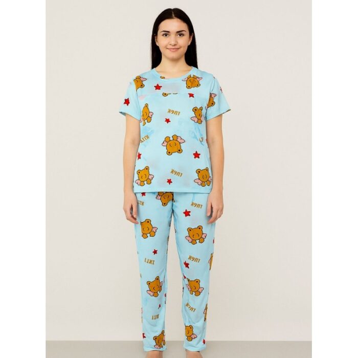 103386513_687812174e357 بيجامة ستاتية لون أزرق اشكال ملون بنطلون وبلوزة نص كم - الصورة 1