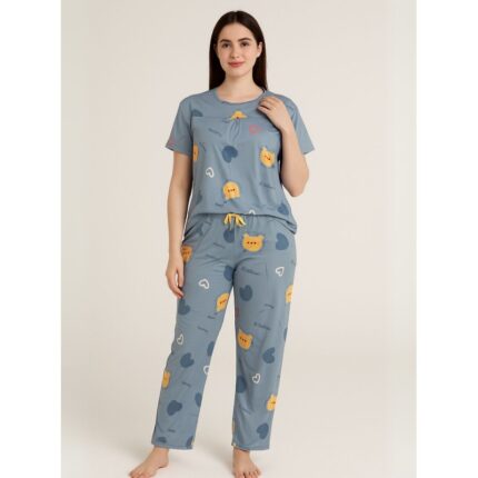بيجامة ستاتية لون أزرق اشكال ملون بنطلون وبلوزة نص كم