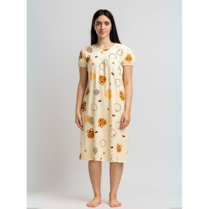 بيجامة ستاتية لون بيج اشكال ملون بنطلون وبلوزة نص كم