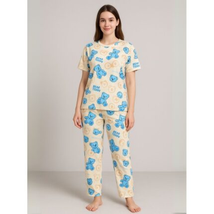 بيجامة ستاتية لون بيج اشكال ملون بنطلون وبلوزة نص كم