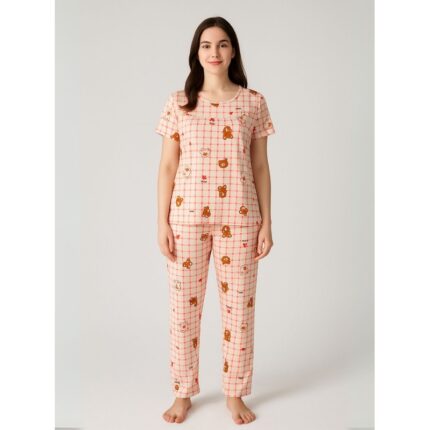 بيجامة ستاتية مخطط لون أبيض وأحمر بنطلون وبلوزة نص كم