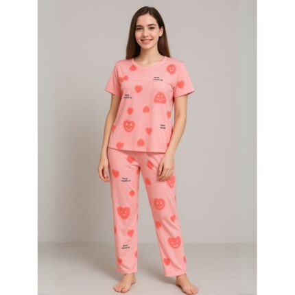 بيجامة ستاتية لون زهري اشكال ملون بنطلون وبلوزة نص كم