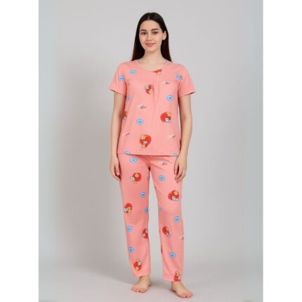 بيجامة ستاتية لون زهري اشكال ملون بنطلون وبلوزة نص كم