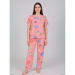 بيجامة ستاتية لون زهري اشكال ملون بنطلون وبلوزة نص كم