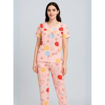 بيجامة ستاتية لون زهري اشكال ملون بنطلون وبلوزة نص كم