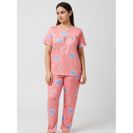 بيجامة ستاتية لون زهري اشكال ملون بنطلون وبلوزة نص كم